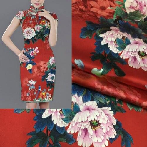 New peony flower and bird digital printing heavy stretch natural mulberry silk high fashion textile fabric for dress per meter