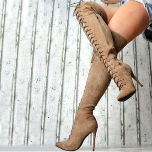 Drop Shipping Winter Fashion Woman Solid Burgundy Gray Black Khaki Pointed Toe Stiletto Heels Over The Knee Lace Up Thigh Boots