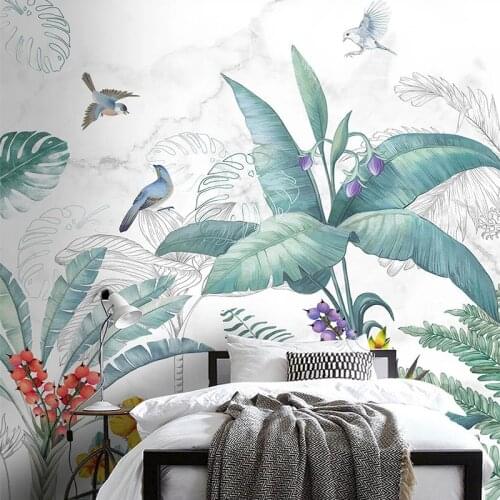 Modern Nordic Tropical Plant Flowers And Birds Wallpaper 3D Living Room Bedroom Dining Room Home Decor Wallpaper Papel De Parede