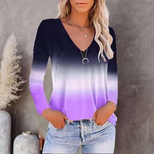 2021 autumn/winter Europe and America new style V-neck long-sleeved color changing womens T-shirt blouse