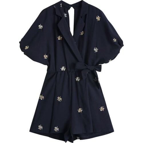 2021 Summer Girls New Romper Women Casual Elegant Office Short Sleeve Slim Floral Embroidery Navy Wide Leg Playsuits Jumpsuit M
