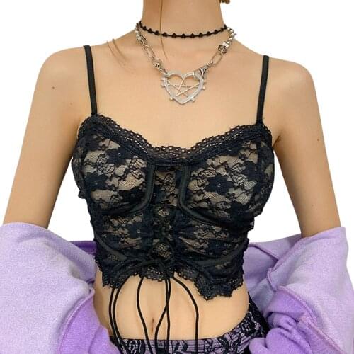 Womens Summer Vest Sleeveless Black Lace Up Chest Mesh See Through Tops Sling Camisole Sexy Clubwear Top