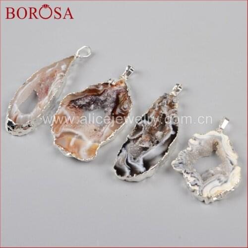 BOROSA 10PCS Freeform Silver Color Natural Onyx Druzy Agates Drusy Geode Slice Pendant Beads Gems for Women Jewelry S0088