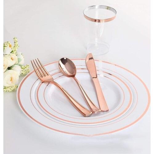 12Pcs Rose Gold Plastic Disposable Tableware Dessert Knives Forks Spoon Wedding Birthday Party Decoration Supplies Cutlery Set