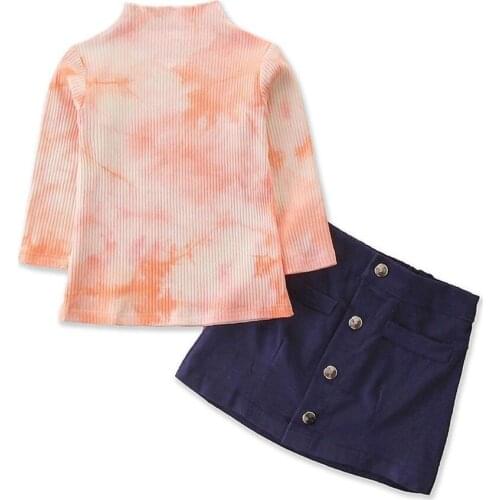 2021 Tie Dye Pink Top Blue Denim Skirt 2 Piece Suit Spring Autumn Toddler Clothes Set for Girls Kids Solid Round Collar Children