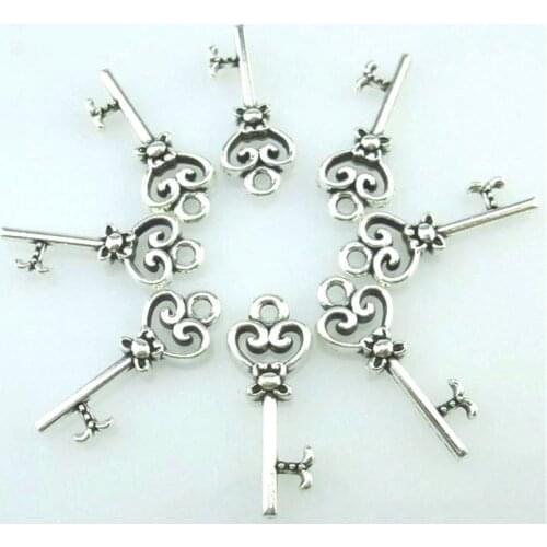 30pcs Antique Silver 22*9mm Flower Key Charms Pendant For Jewelry Making Bracelet Vintage Accessories