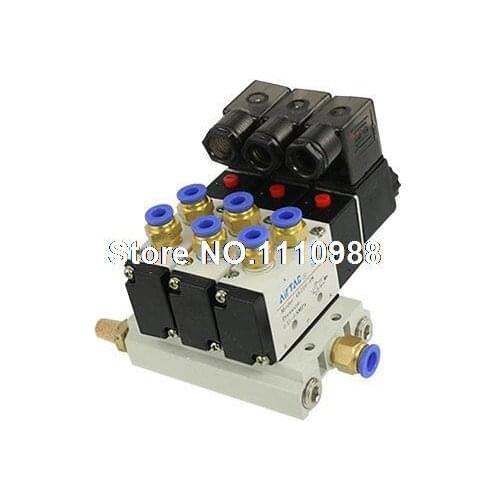 AC 220V 2 Positions 5 Way Triple Solenoid Valve Base 6mm Quick Fittings Mufflers