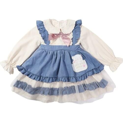 Lolita Style Cartoon Bear Printed Ball Gown Bow Ruffle Princess Dress for Girls Korean Baby Clothes Blue Spanish Style Clothing