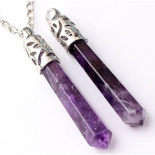 Trendy-beads Popular Silver Plated Natural Purple Amethysts Quartz Hexagon Prism ReiKi Pendulum Pendant Fashion Jewelry