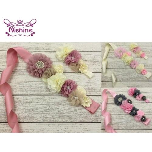 Nishine Boutique Pearls Flowers Sash and Headband Set Handmade Polygonal Floral Women Belts Girls Hairband Maternity Photo Props