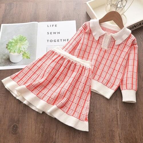 Children Winter Knitted Suits Baby Girls Plaid Sweater Clothes Sets Tops and Skirt Comfortable Outfits Kids Cute Loose Clothing
