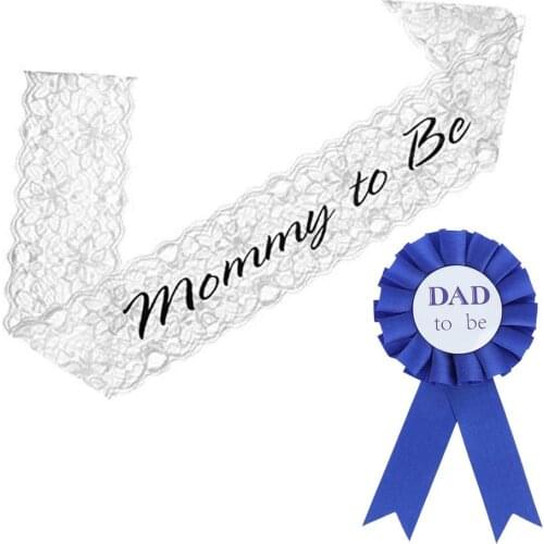 Baby Shower Mommy to be White Lace Sash and Daddy to Be Blue Tinplate Badge Pin Kit Gender Reveals Party Gifts - Style 3
