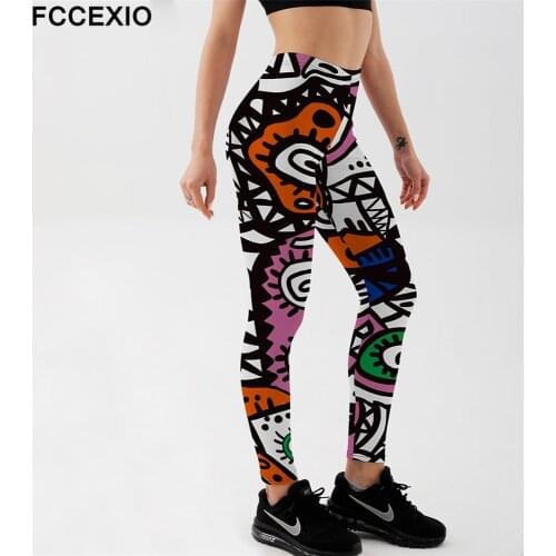 FCCEXIO Graffiti Design Fitness Women Workout Leggings Fashion Funny Eyes Print Elastic Push Up Ankle Leggings Long Pants