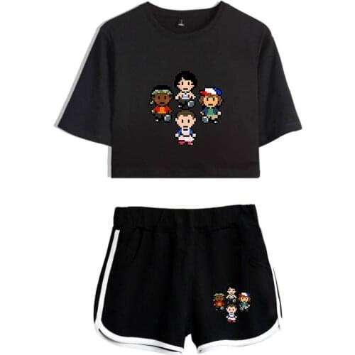 Streetwear Stranger Things Navel Tshirt Two Piece Set Summer Sexy short sleeve Tops+Pants Suit Girls Sets Two Piece Set