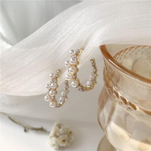 Geometric Simple Simulated-pearls Korean Hoops Earrings C Shape Vintage Aesthetic Earrings