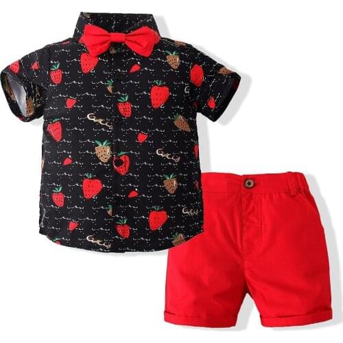 Fashion Baby Boy Clothes 2-6 Years Children Printed Shirt with Red Shorts Outfit for kids Holiday Party Summer Cotton Costume