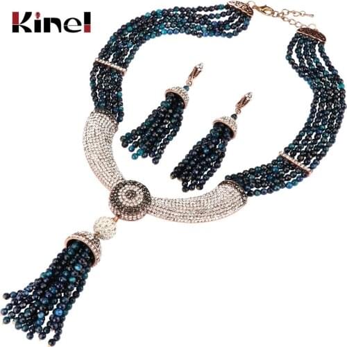 Kinel Natural Stone Jewelry Sets Luxury Tassel Necklace And Earring For Women Antique Gold White Crystal Vintage Wedding Jewelry