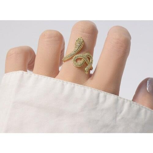 Delicate Jewelry 14K Real Gold Adjustable Crystal Snake Rings for Women Luxury Cubic Zircon Engagement Rings