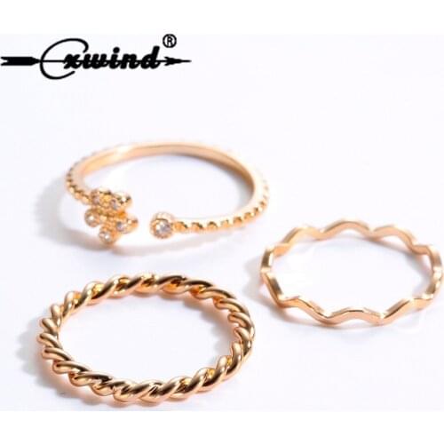 New Knuckle Rings Set 3pcs/Sets Gold Color Flower Twist Wave Ring Sets For Women Girl Beach Fashion Boho Party Jewelry Gift