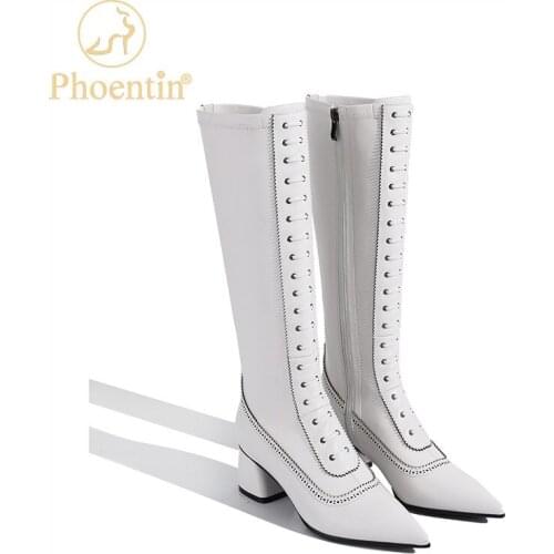 Phoentin zip knee high boots for women 2021 fashion womens leather shoes pointed toe long botte femme white mid heels FT1110