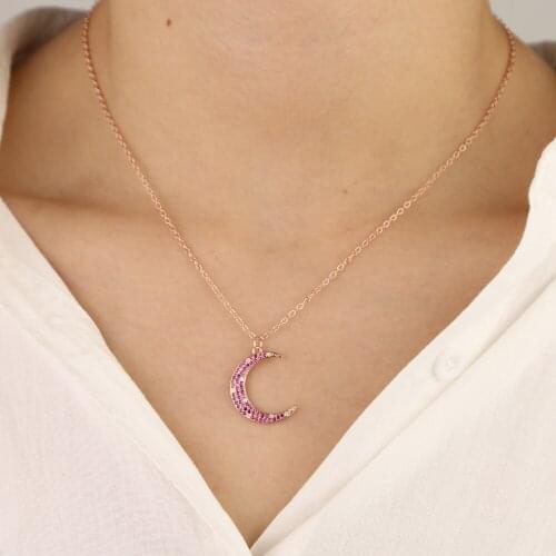 Pastel pink pinky colorful crescent moon pendant Rose gold color fashion women collar chain necklaces