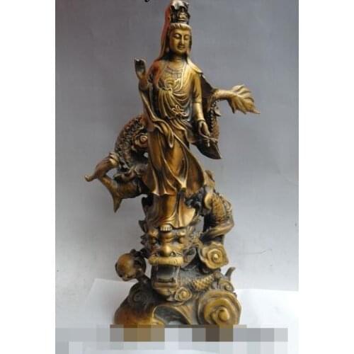 S02161 chinese bronze stand dragon play bead Bottle Kwan-Yin Bodhisattva Goddess statue