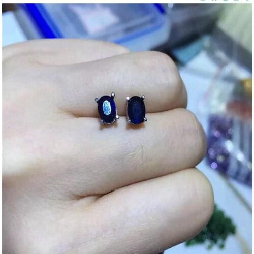 Sapphire stud earring Free shipping Jewelry Natural real sapphire 925 silver Gem size 5*7mm