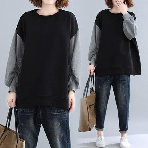 Contrasting color fake two-piece sweatshirt women autumn casual loose large size stitching long-sleeved drawstring warm pullover