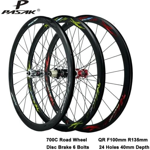 Pasak 700c Road Bike Wheelset Disc Brake 40mm Depth QR F9x100 R9x135 24 Holes Straight Drawn Rustproof Copper Head