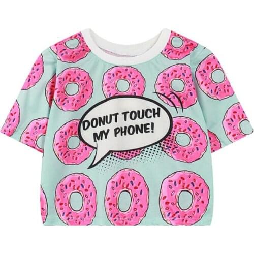 XUANHAO Harajuku Printed Crop Tops 2018 Women Short Sleeve O-Neck Cute T Shirts Donut Print Kawaii Multicolor Short T Shirt