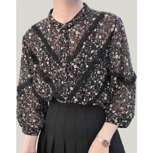 High-End Floral Chiffon Women Shirts Shirring Stand-Up Collar Temperament Loose Blouses Print Femme Casual Tops Blusas MM0979