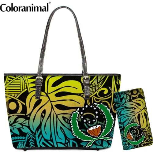 Coloranimal Vintage Chuuk Polynesian Black Tribal Printed Ladies Handbag Hot 2Set Shoulder Bag&Wallet for Women Leather Tote Bag