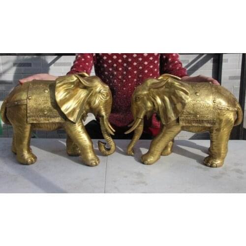 12.5" Chinese Folk Pure Brass Copper Feng Shui Auspicious Lucky Elephants Statue Pair