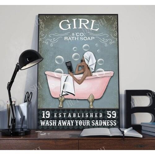 Black Girl & Co. Bath Soap Established Wash Away Your Sadness Poster, Vintage Bath Soap Girl with Book Poster, Afro Girl Prints
