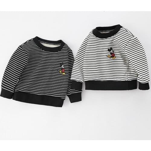 2021 Winter New Plus Velvet Thick Warm Baby Striped Mickey Print Sweatshirt Tops Kids Boys Girls Cotton Hoodies Baby Clothing