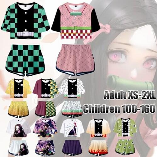 Children/Women Suit 3D Printing Demon Slayer Cosplay Summer Womens Sexy Crop Top T-shirt Shorts 2 Pieces Sets