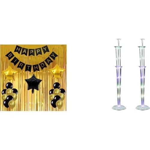 Hot XD-Happy Birthday Bunting Banner with Gold Print Party Balloons with 2 Sets LED Balloons Stand Base Sticks Globos Holder