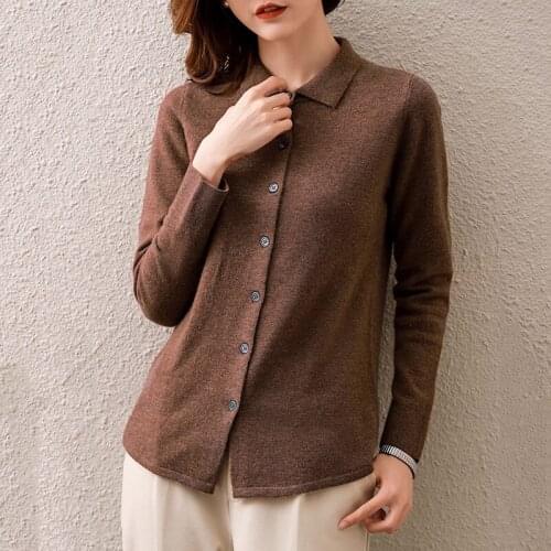 Quality Womens Autumn Warm Soft Casual Shirt Sweater Knitted Cardigan Long Sleeve Shirt Collar Cardigan Female Solid Color Tops