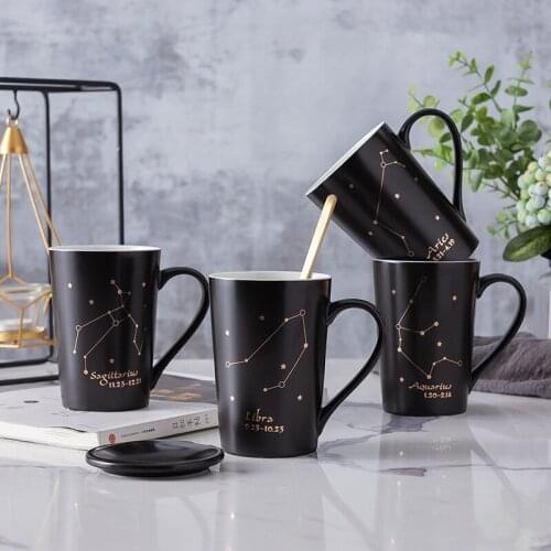 12 Constellations Creative Coffee Mugs With Spoon Lid Black Color Ceramic Tea Cup for Cocoa Water Milk Juice