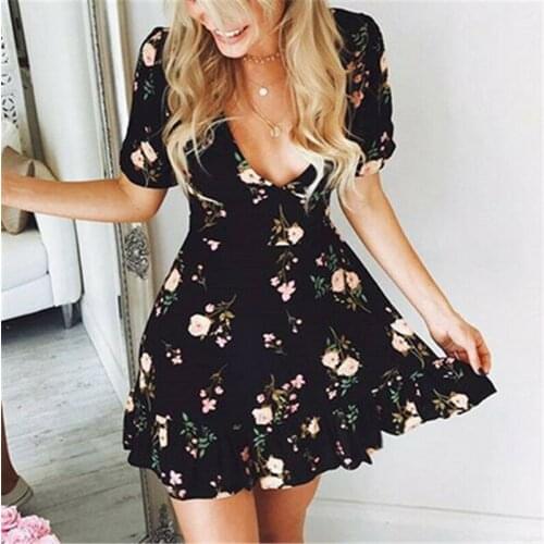 Summer Boho Women Dress 2019 Sexy Deep V Neck Floral Printed Mini Party Dress Lady Beach Dresses Casual Short Sleeve