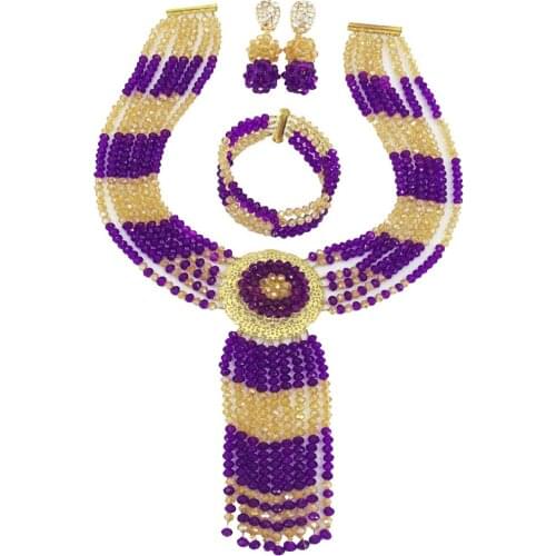 Fashionable purple and champagne gold ab crystal african necklace set nigerian wedding beads jewelry set 6XLS-06
