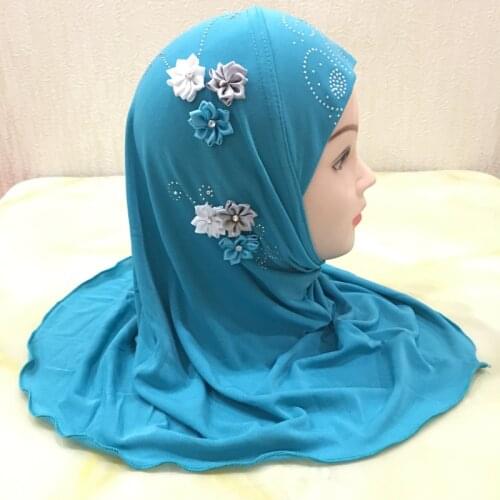 Muslim Kids Ready To Wear Hijab Girls Prayer Hat Islamic Child Headscarf Rhinestone Flower Ramadan Headwrap Cap Full Cover Hijab