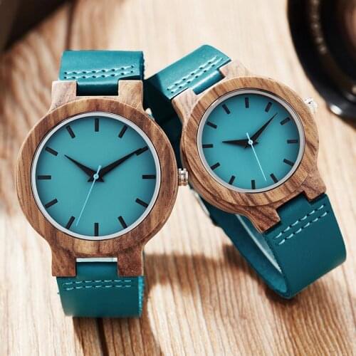 Wood Watch Men Women Wood Watches Couple Watch Fashion Genuine Blue Leather Natural Brown Wood Clock Male Wooden Wristwatch
