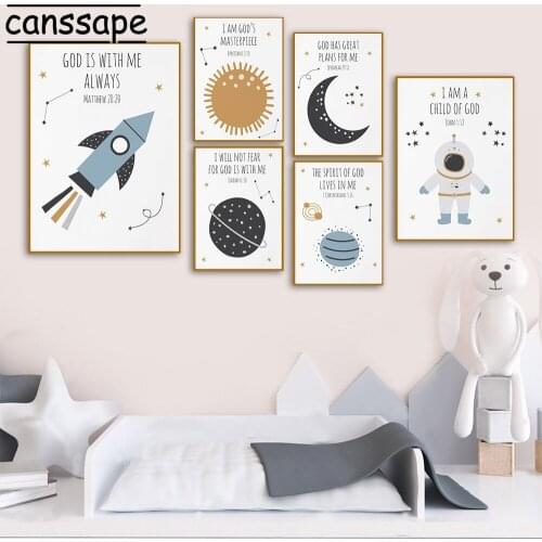 Planet Wall Print Child Astronaut Rocket Poster Sun Moon Canvas Painting Nursery Wall Art Pictures Kids Bedroom Decoration