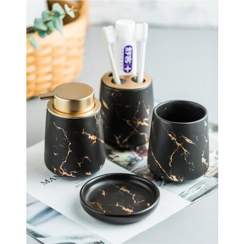 Nordic Luxury Ceramic Bathroom Decoration Aaccessories Golden Marble Mouthwash Cup Soap Dispenser Tray Bathroom Supplies Set