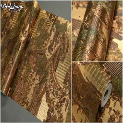 Beibehang Qingming Riverside map high - end living room study room wallpaper deep embossed Chinese style Chinese restaurant club