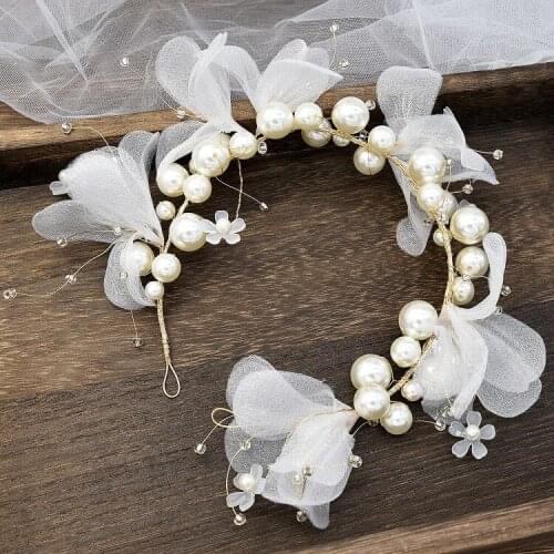 Handmade Wedding White Flower Hairbands Hair Accessories Crystal Pearls Yarn Headbands Tiaras Headdress резинки для волос