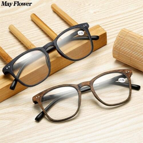 May Flower Light Square Imitation Wood Reading Glasses Retro Big Size Hyperopia Eyewear Square Vintage Frame Men Women Diopter+4