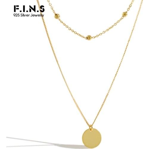 F.I.N.S Korean S925 Sterling Silver Double Layer Round Coin Clavicle Chain Round Bead Choker Necklace For Decoration Fashion