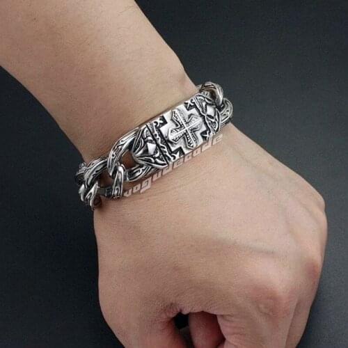 Punk Rockr Fashion Tribal Tattoo Cross Bracelet Solid 316L Stainless Steel Cool Mens Biker Bracelet 5C016 - 7.2"~11.1"